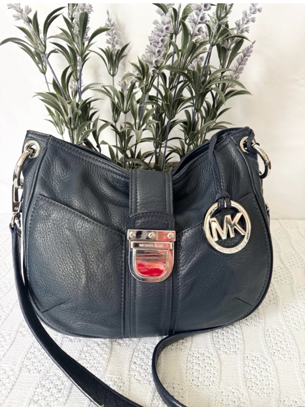 Michael Kors Navy Leather Crossbody Bag with MK Charm